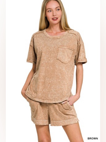 Zenana Halo Snow Washed Exposed Seam Top & Shorts Set